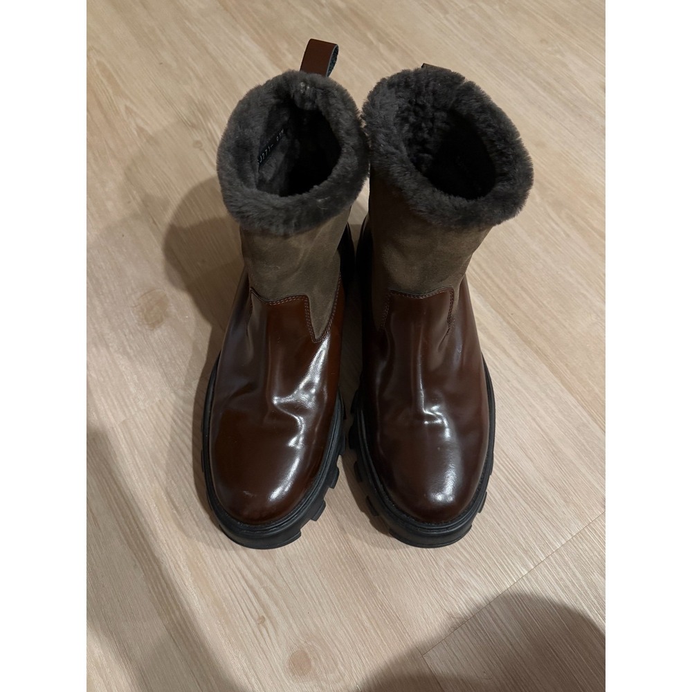 Stuart Weitzman Alton Brown Leather Shearling Lined Lug Sole Boots Mens 9.5